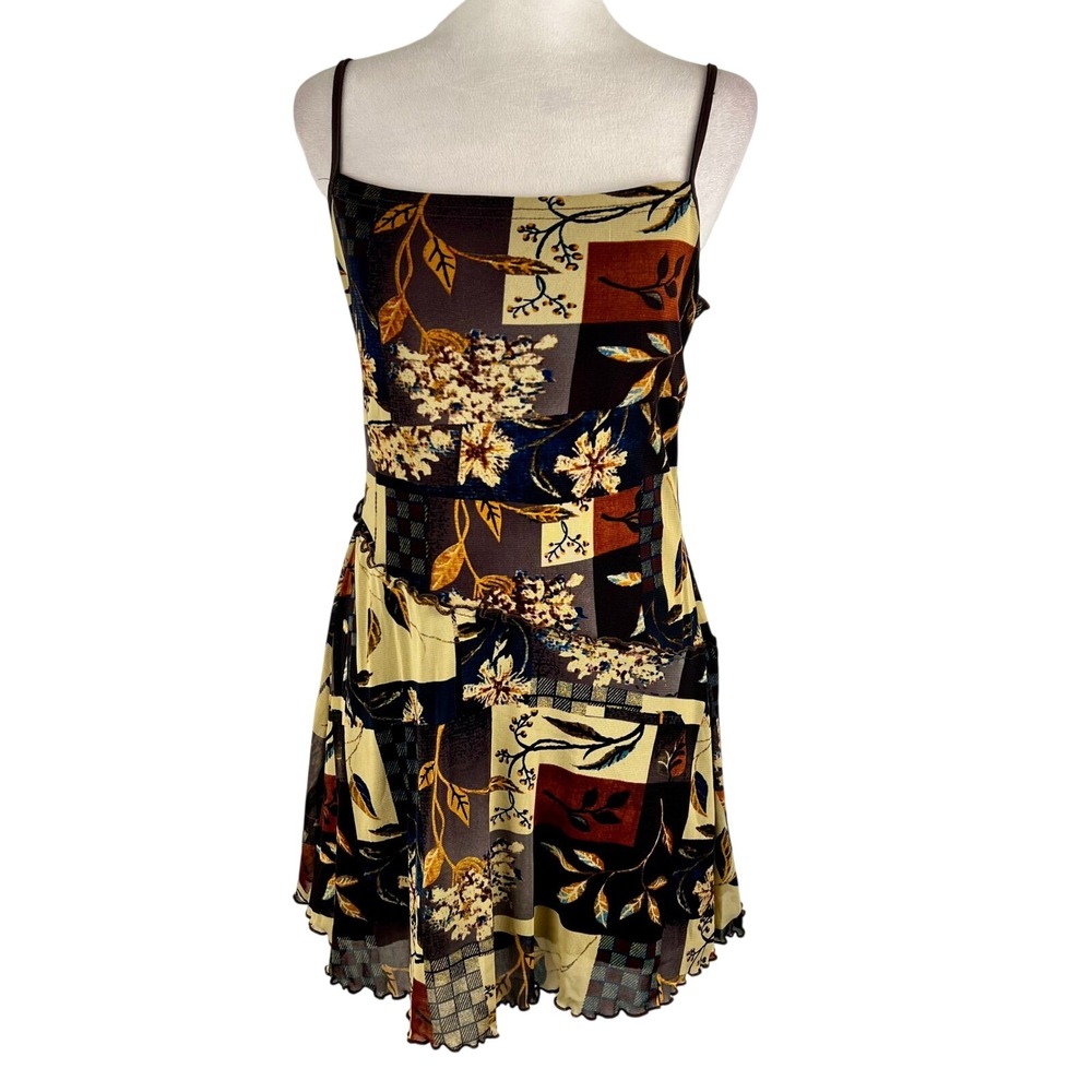 Cider Brown Patchwork Mesh Overlay Mini Dress Indie Grunge Y2K Asymmetric Large